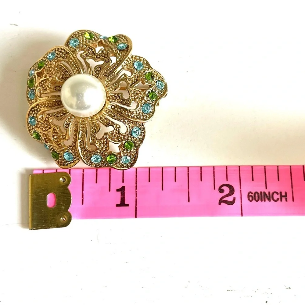 Vintage Gold Tone Floral Brooch Pearl Center Rhinestone Green Blue Flower Pin